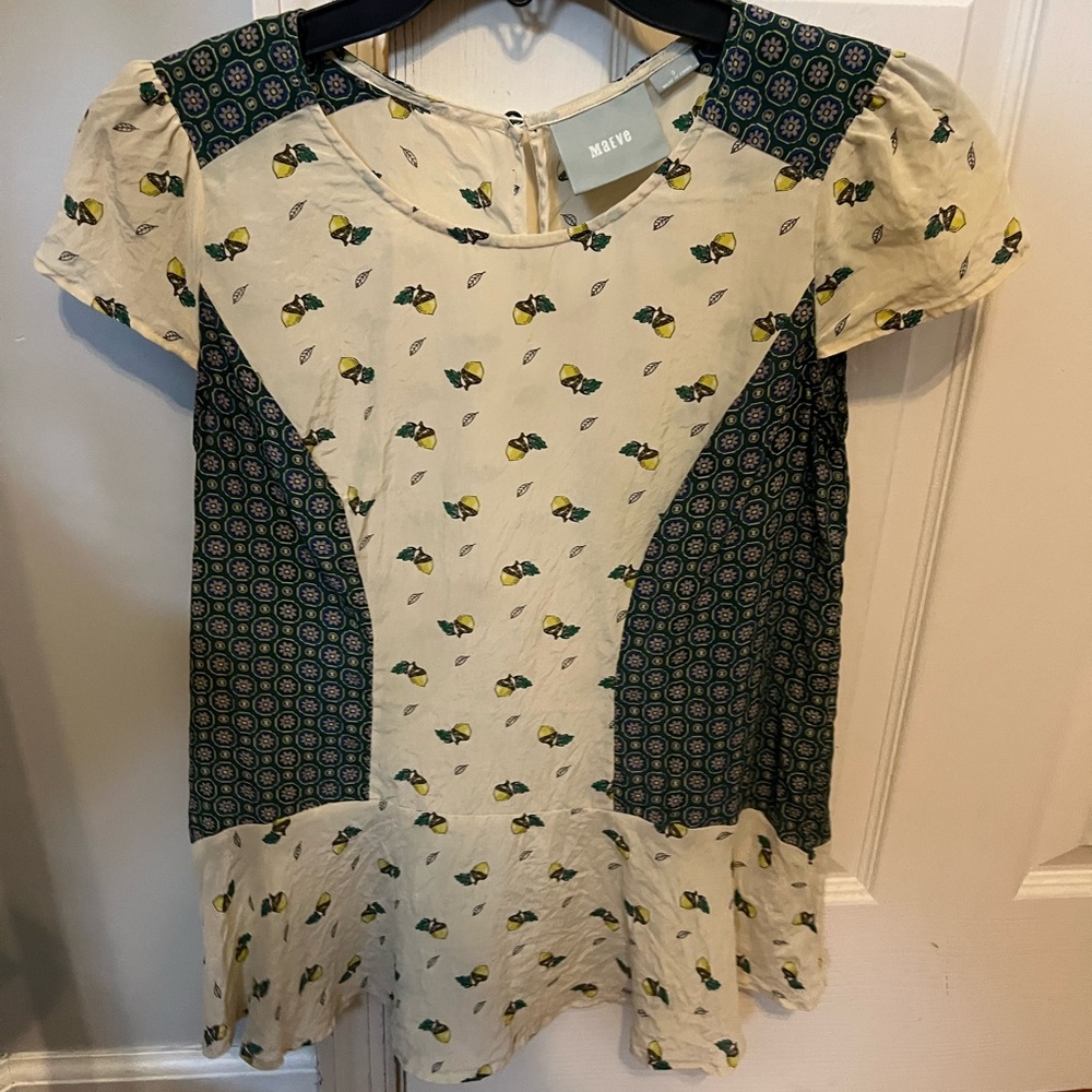 Maeve Anthropologie 100% Silk Acorn Peplum Blouse, 0 - Picture 3 of 6